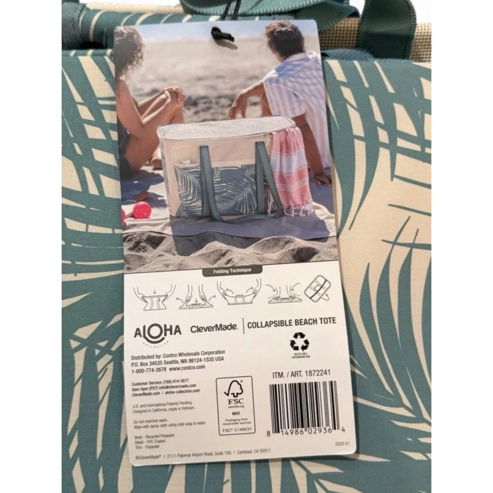 Aloha Collection CleverMade Collapsible Beach Tote Bag Floral Teal Green Hawaii